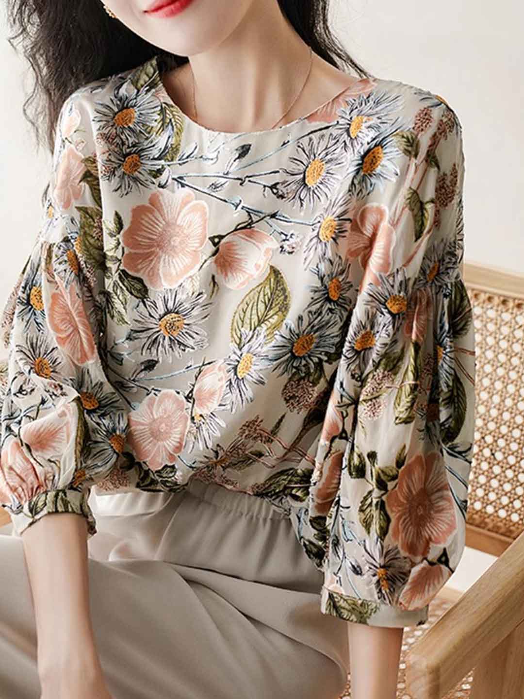 Mia Loose Crew Neck Puff Sleeve Printed Top