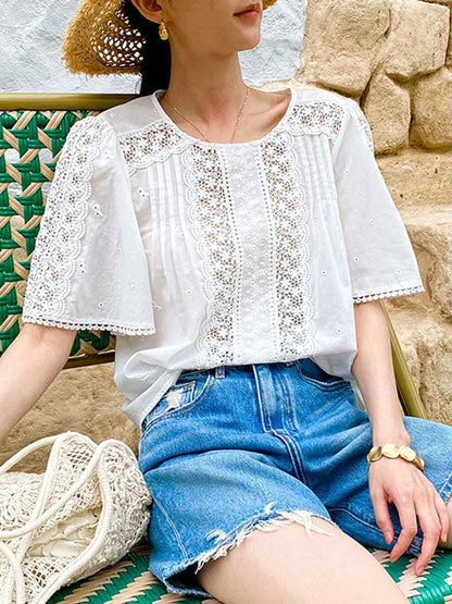 Zoe Loose Crew Neck Flare Sleeve Embroidered Top