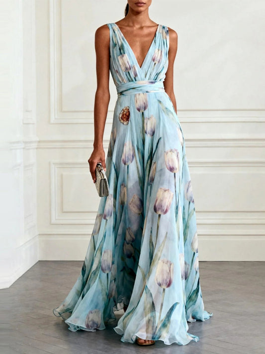 Floral Printed Parties V-neck Sleeveless Maxi Dresses