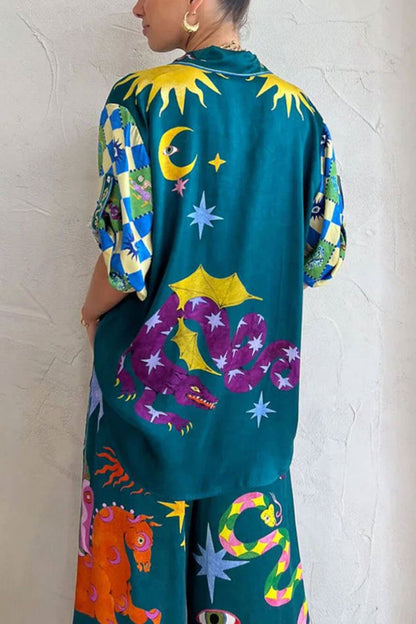 Conjunto de pantalones anchos con bolsillos y cintura elástica con estampado único
