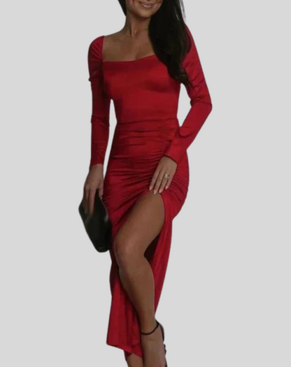 Vestido elegante de terciopelo con escote cuadrado y abertura para mujer | Ideal para primavera