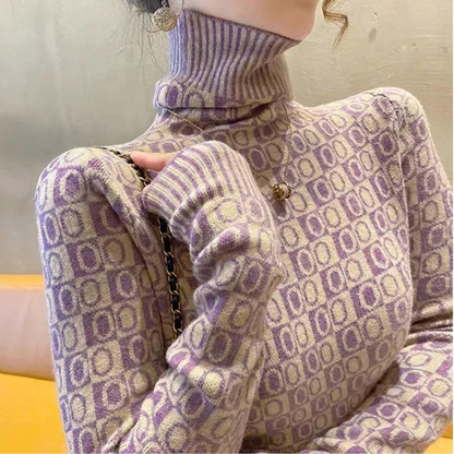 Jersey de cuello alto de jacquard, elegante y ajustado para mujer | Ideal para otoño/invierno