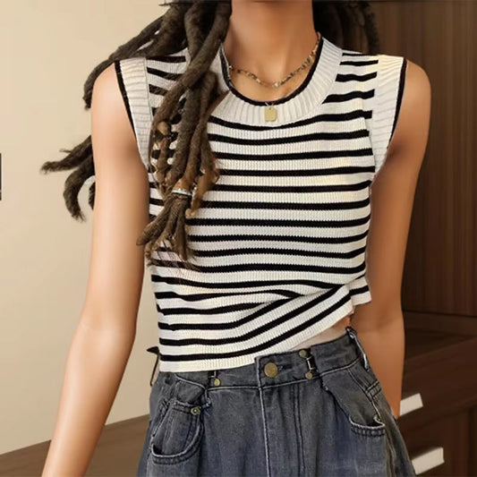 O-Neck Striped Sleeveless Knitted Tank Top