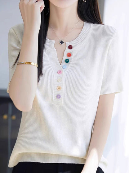 Mariah Loose Color Button Solid Color Top