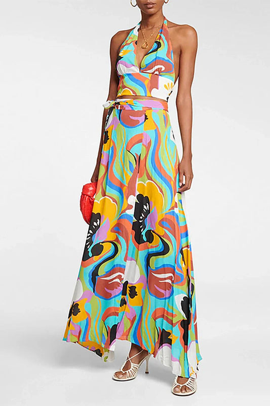 Conjunto de traje de baño sexy con estampado de cuello halter en V profundo