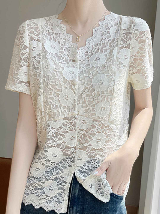Valeria Classic V-Neck Solid Color Hollowed Lace Top