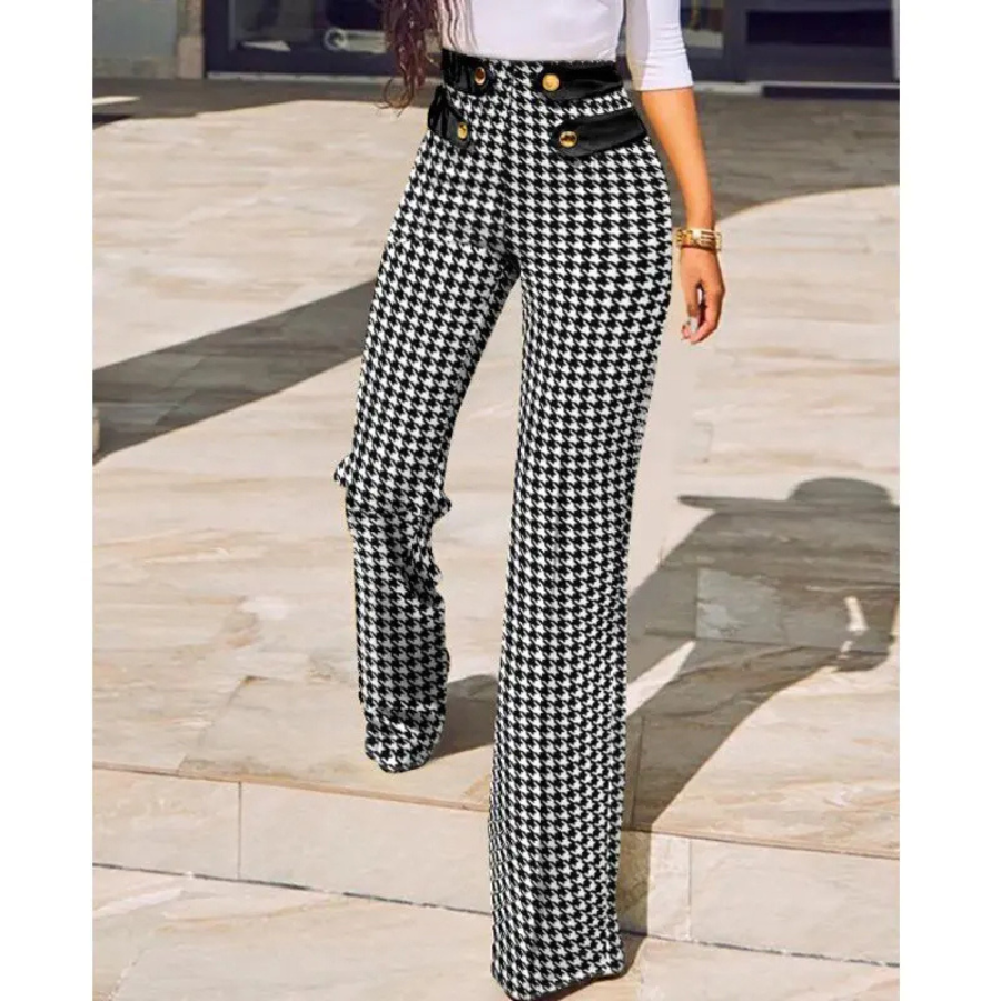 Women's Chic Plaid High Waisted Flared Pants with Button and Buckle Design | Great for All Seasons