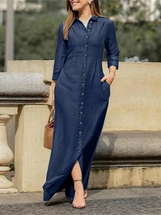 Shirt Collar, Pocket, Wide-hem Denim Maxi Dress