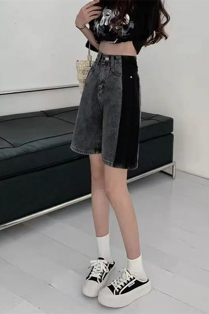 High Waist Black Side Grey Denim Shorts