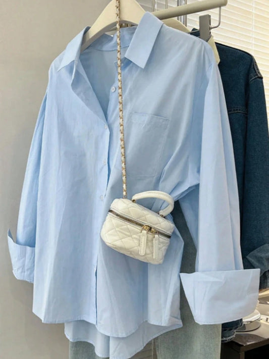 Solid Color Pocket Loose Long-sleeved Shirt