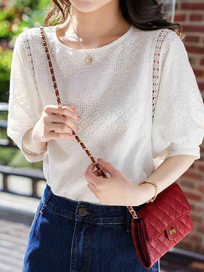 Mariah Elegant Crew Neck Puff Sleeve Hollowed Lace Top