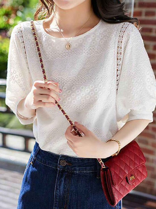 Mariah Elegant Crew Neck Puff Sleeve Hollowed Lace Top