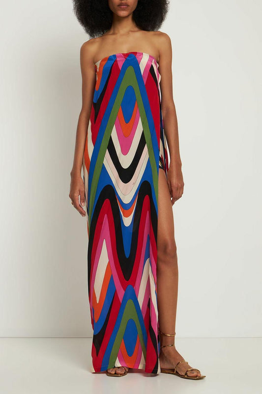 Vestido largo sin tirantes con estampado muaré y abertura lateral