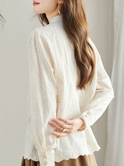 Mariah Retro Pearl Buttons Embroidered Top