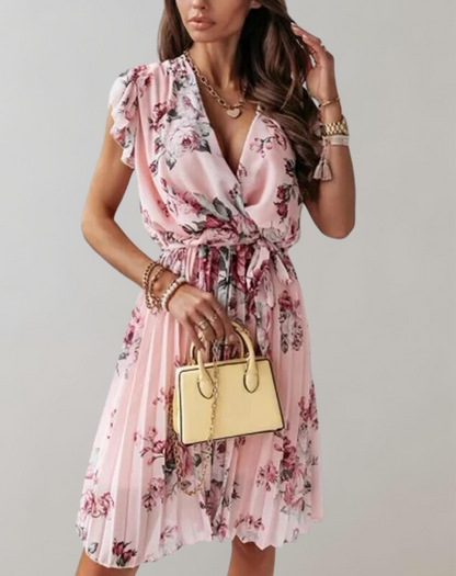 Women’s Classic Double Breasted Floral Print Midi Dress with Ruffle Sleeves | Ideal for Spring/Summer