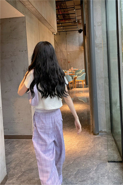 Cute Purple Casual Loose Plaid Pants