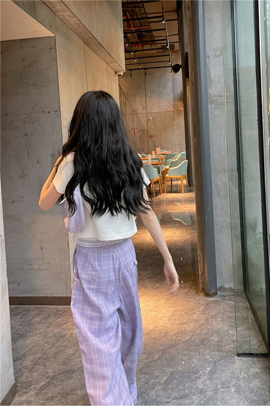 Cute Purple Casual Loose Plaid Pants