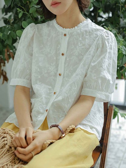 Mya Vacation Crew Neck Lace Trim Embroidered Top