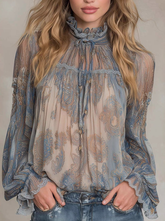High-neck Floral Print Long-sleeved Shirt