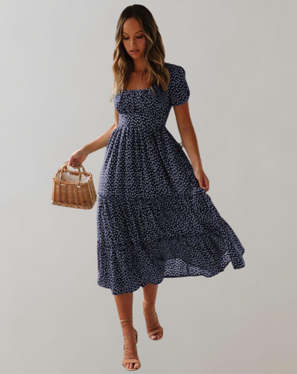 Vestido clásico de verano para mujer con escote cuadrado y estampado floral | Ideal para primavera/verano