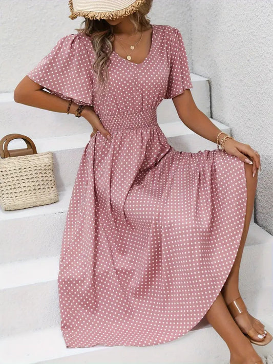 Polka Dots V-neck Waist Shaping Short Sleeves Maxi Dresses