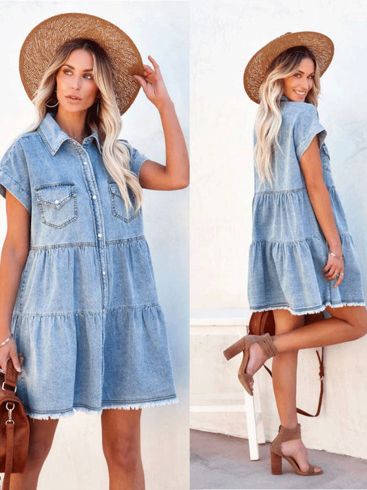 Denim Buttons POLO Collar Short-sleeved Shirt Mini&Short Dresses