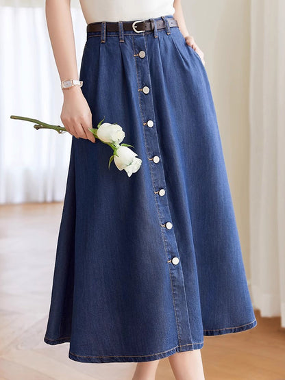 Lauren Classic Pleated Button Denim Skirt