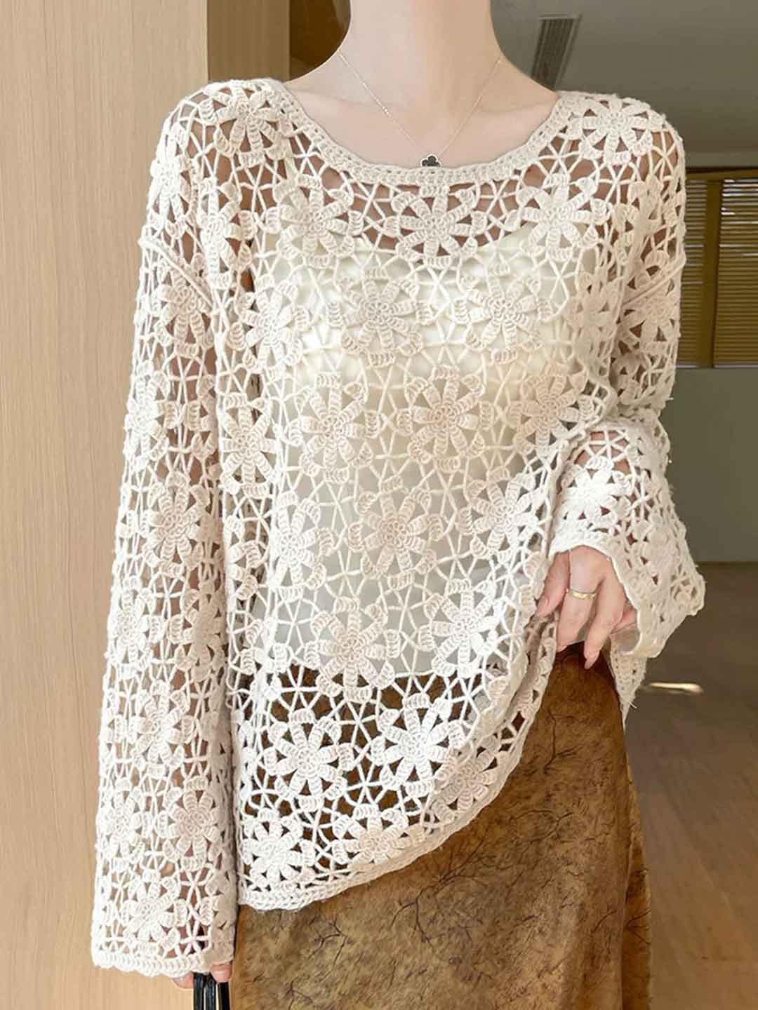 Olivia Vintage Crew Neck Embroidered Hollowed Top