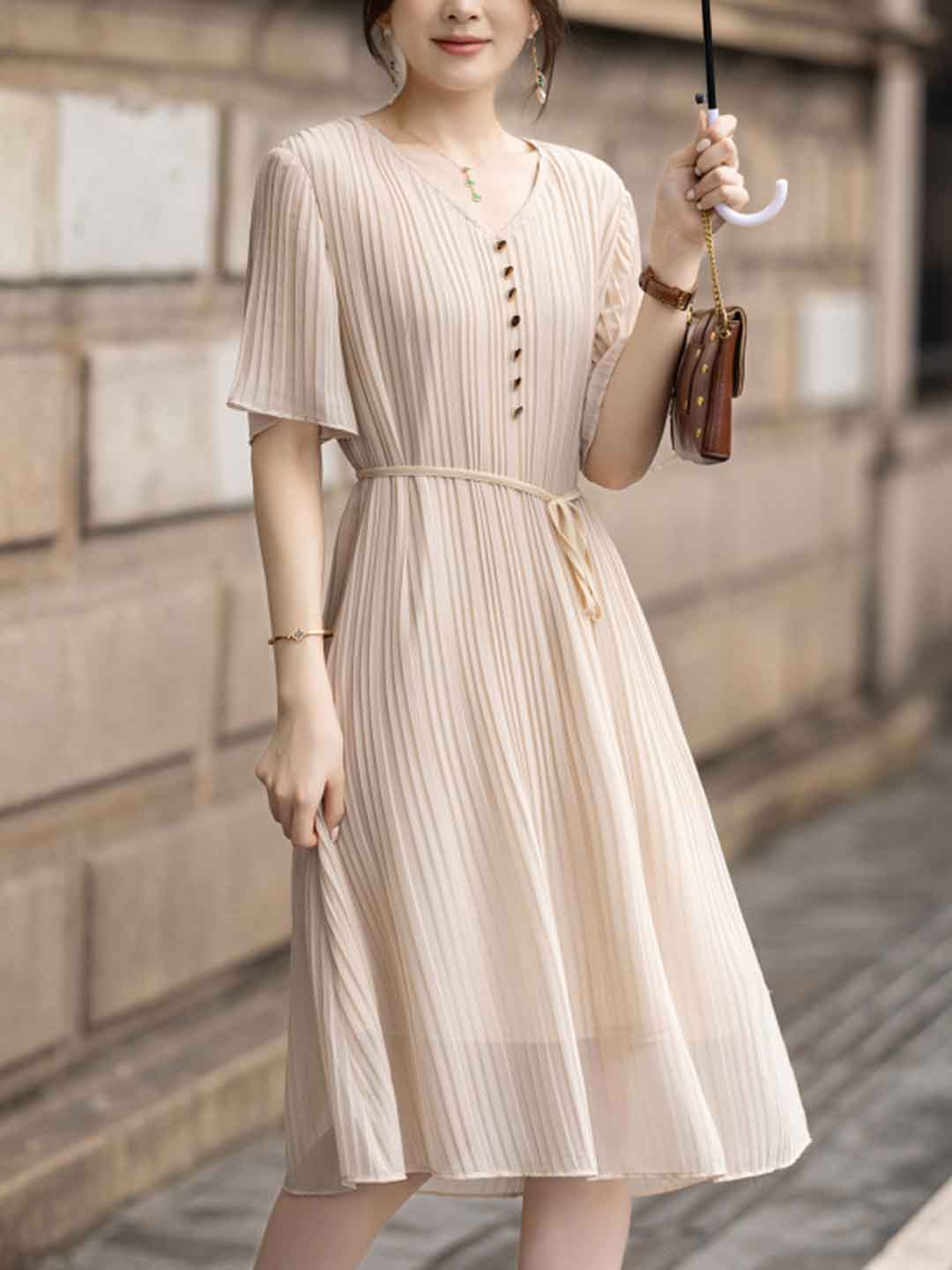 Jessica Elegant V-neck Solid Color Dress