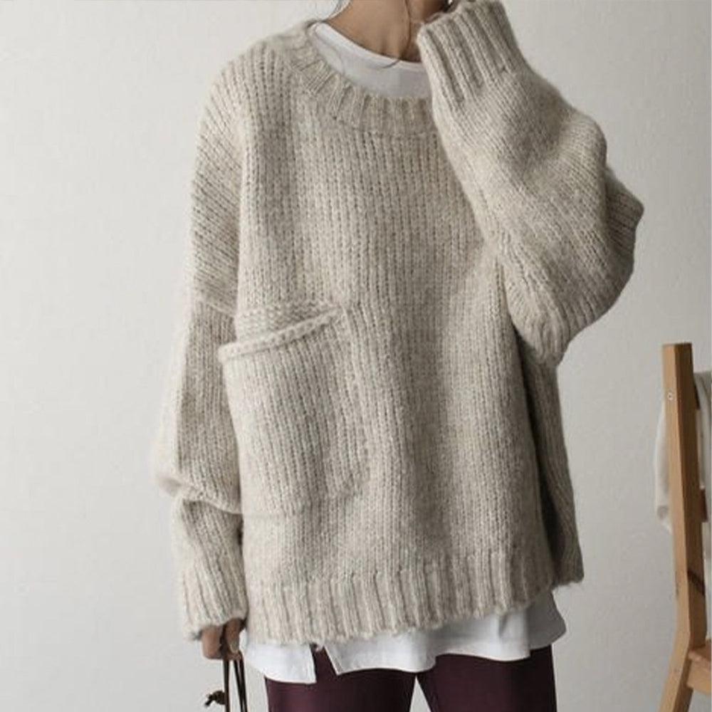 Jersey de punto extragrande con cuello redondo y bolsillo para mujer | Ideal para otoño/invierno