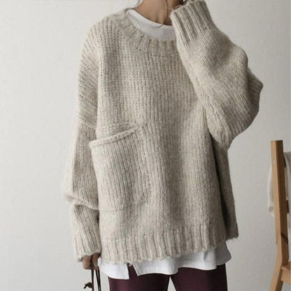 Jersey de punto extragrande con cuello redondo y bolsillo para mujer | Ideal para otoño/invierno