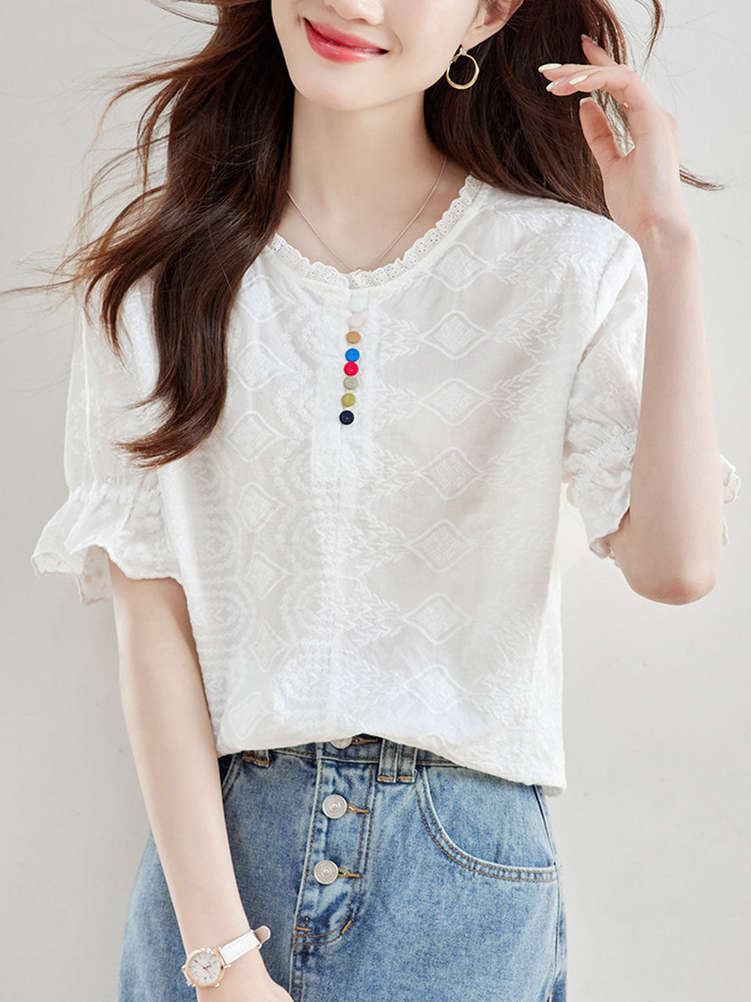 Khloe Loose Crew Neck Ruffle Sleeve Embroidered Top