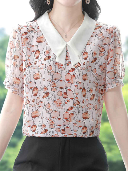 Mariah Classic Lapel Floral Printed Chiffon Top