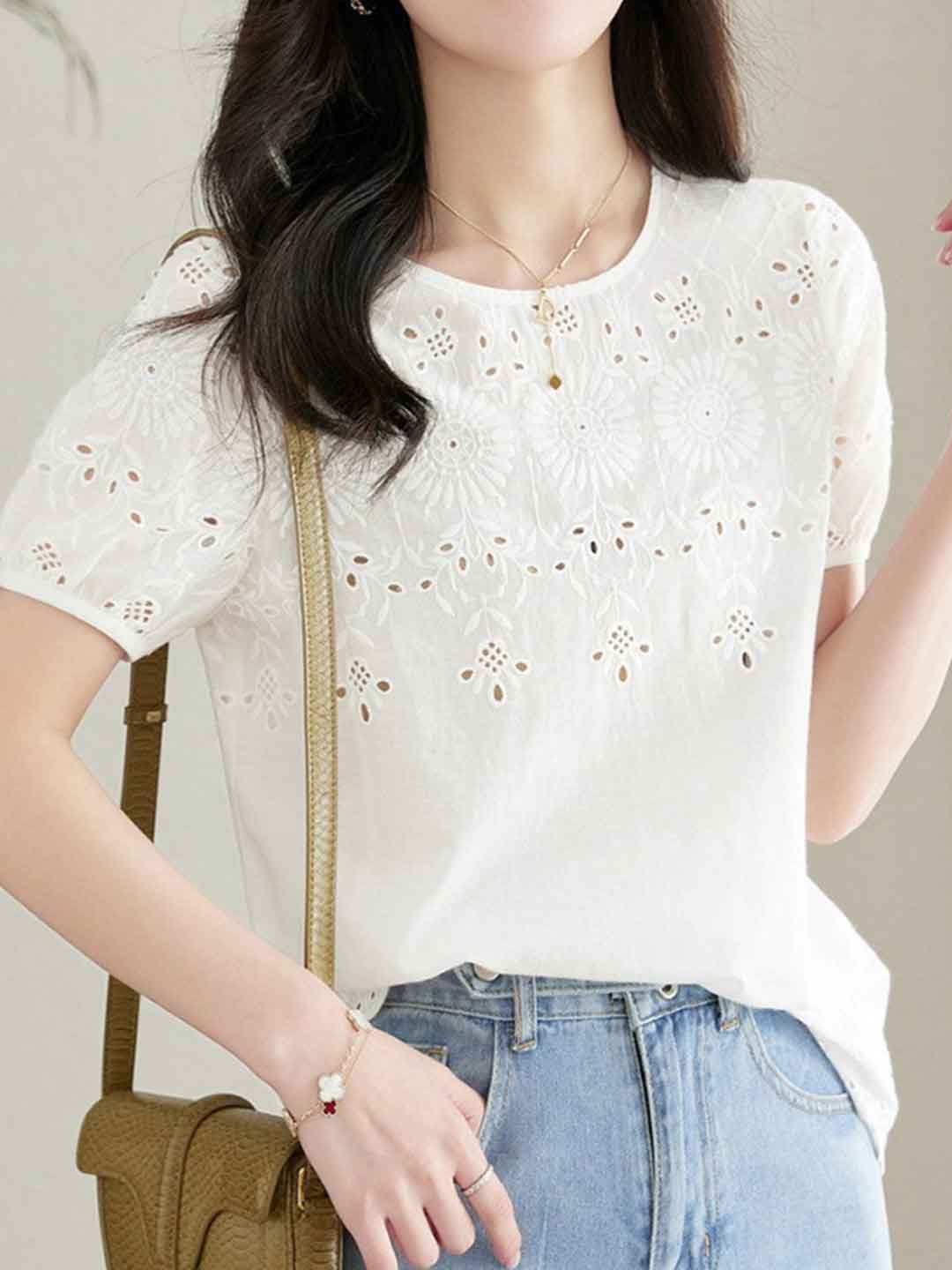 Mya Classic Crew Neck Embroidered Hollowed Top