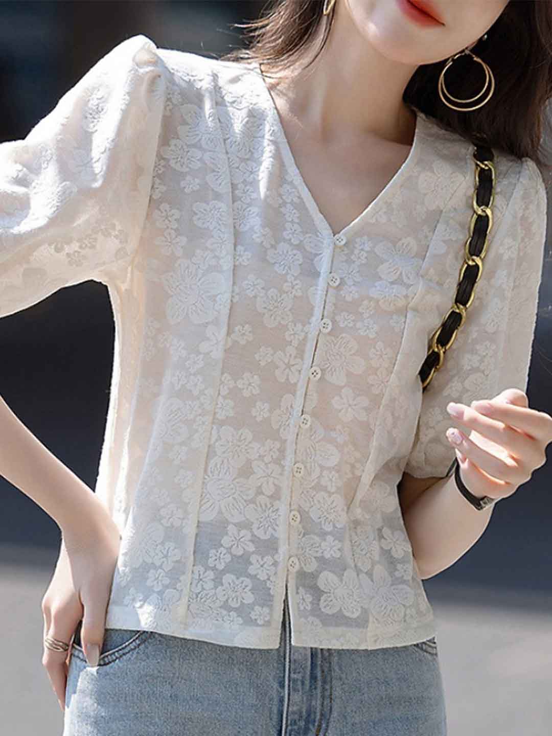 Kylie Elegant V-Neck Puff Sleeve Jacquard Cardigan
