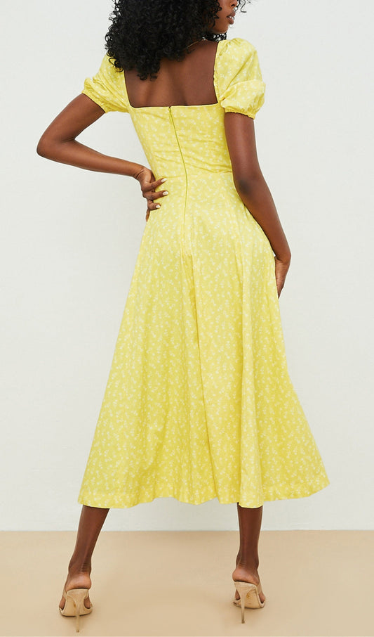 Vintage Floral Puff Sleeve Midi Dress in YelLow