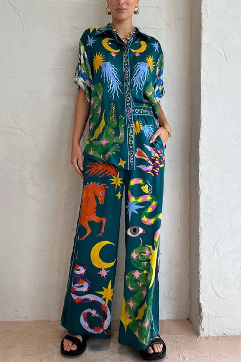 Conjunto de pantalones anchos con bolsillos y cintura elástica con estampado único