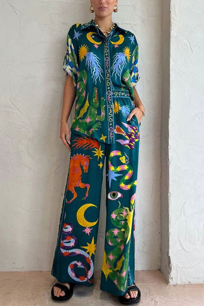 Conjunto de pantalones anchos con bolsillos y cintura elástica con estampado único