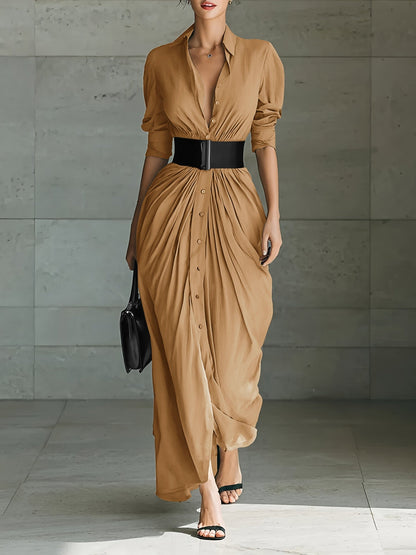 Long Collared Button-down Shirt Dress With Belt