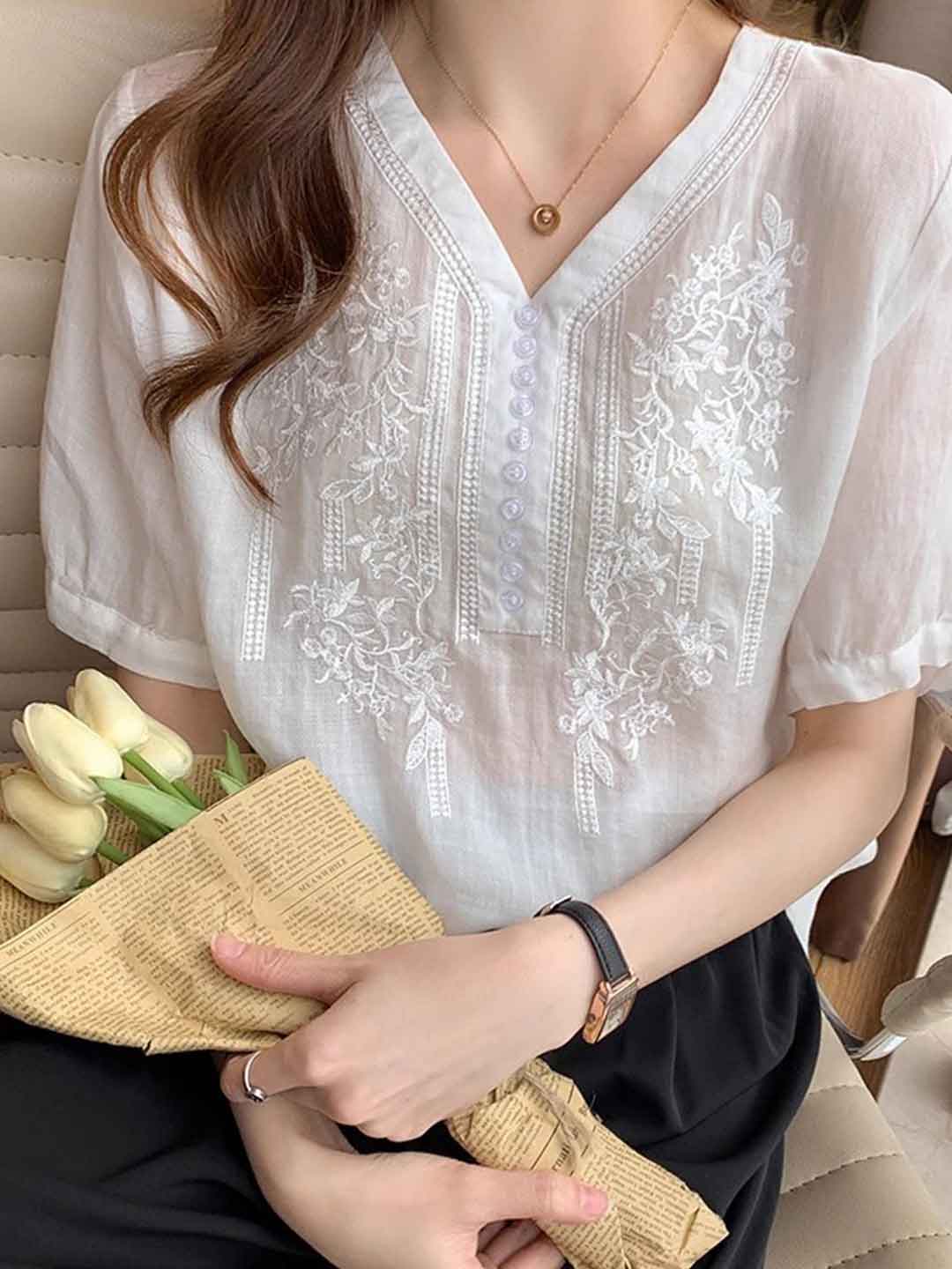 Layla Retro V-Neck Embroidered Top