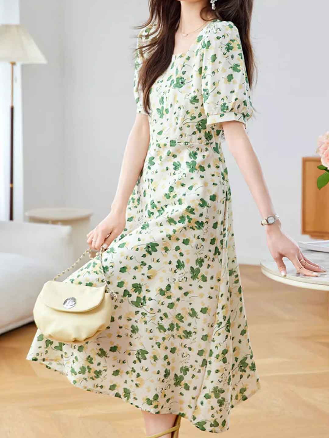 Isabelle Classic Square Neck Floral Chiffon Dress