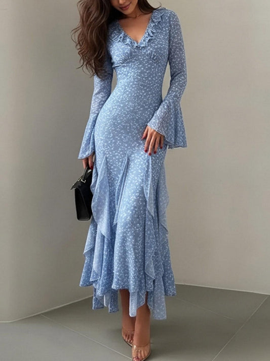 V-neck Ruffle Floral Print Irregular Hem Vacation Midi Dresses