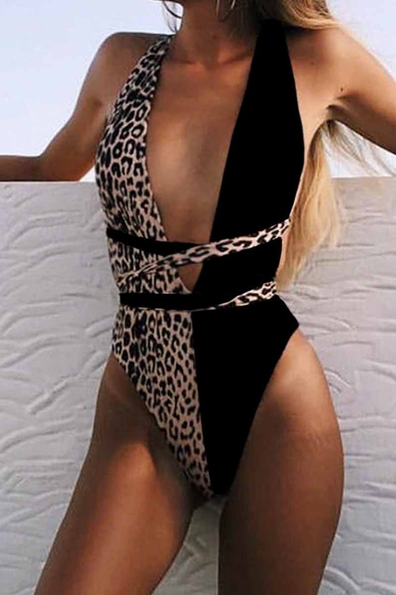 One-piece Leopard Print Hollow Strap Swimsuit