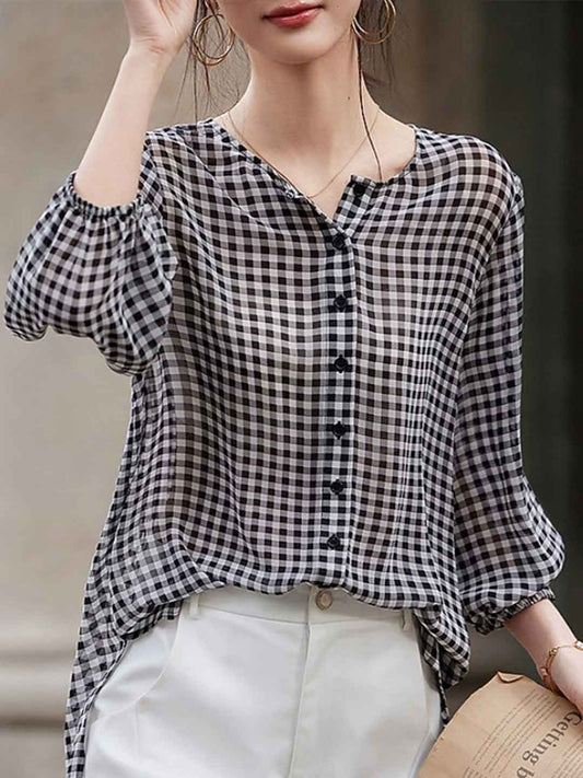 Peyton Vintage Crew Neck Plaid Printed Chiffon Blouse
