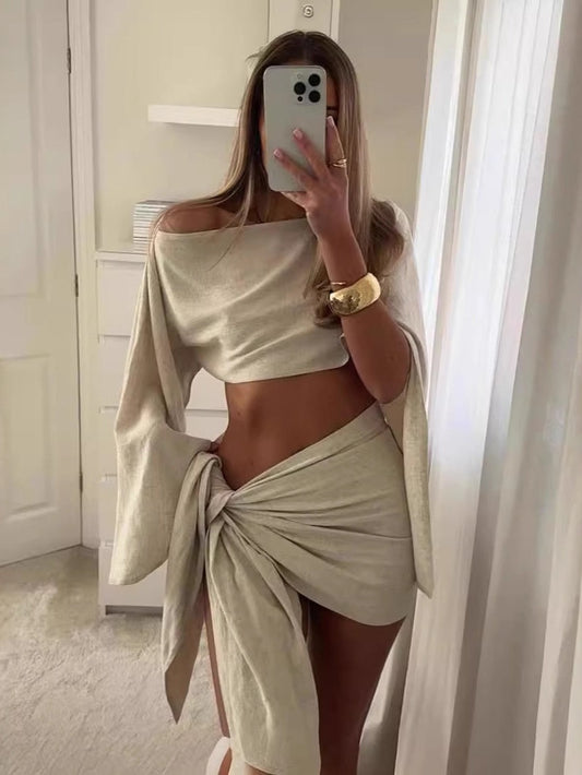 Beach Vacation Sun Protection Breathable Long-sleeved Top And Short Skirt 2-piece Sets