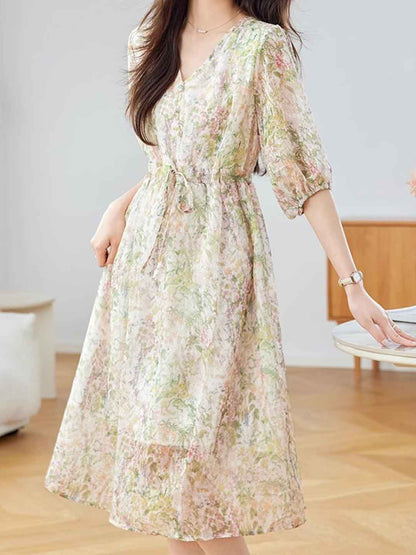 Maria Classic V-neck Lantern Sleeve Chiffon Printed Dress