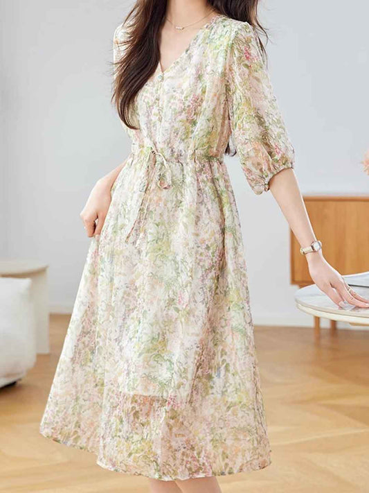 Maria Classic V-neck Lantern Sleeve Chiffon Printed Dress