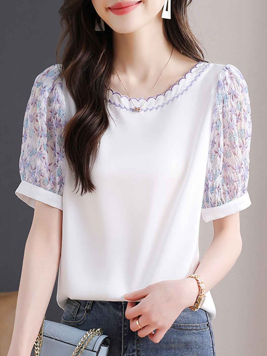 Maya Classic Crew Neck Floral Embroidered Chiffon Top