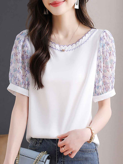 Maya Classic Crew Neck Floral Embroidered Chiffon Top