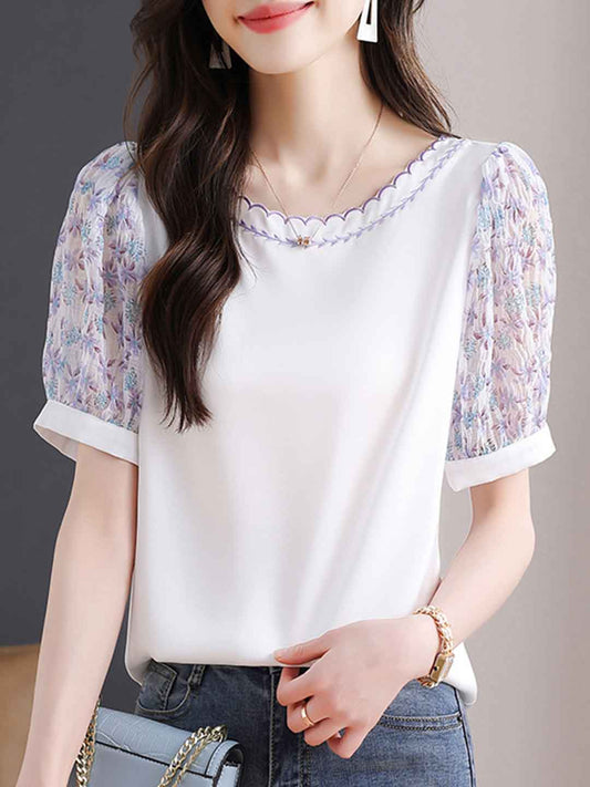 Maya Classic Crew Neck Floral Embroidered Chiffon Top